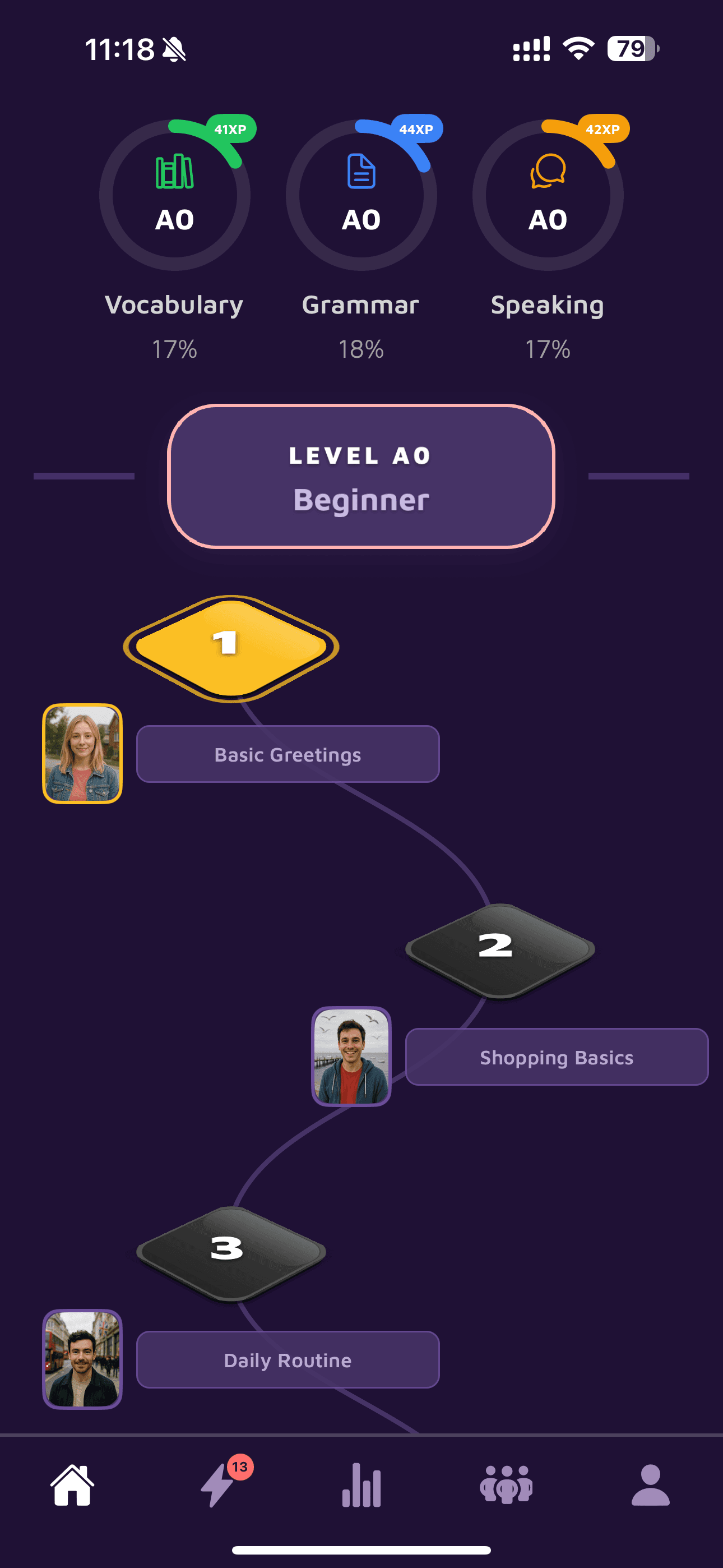 Talkparty AI English learning app screenshot — home screen